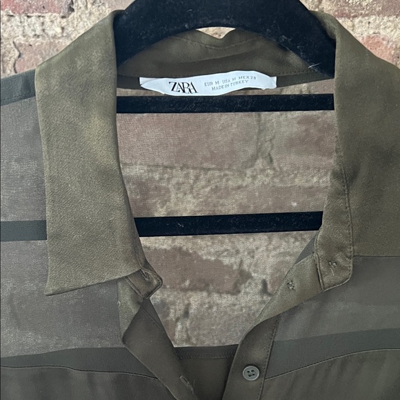 Zara Olive Green Sheer Button-Up Blouse - Picture 2 of 4